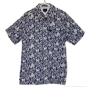 Tommy Jeans Mens Short Sleeve Shirt S Blue Beige Tan Tropical Floral 100% Cotton